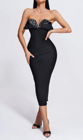 TRÄGERLOSES MIDIKLEID MIT PAILLETTEN IN SCHWARZ